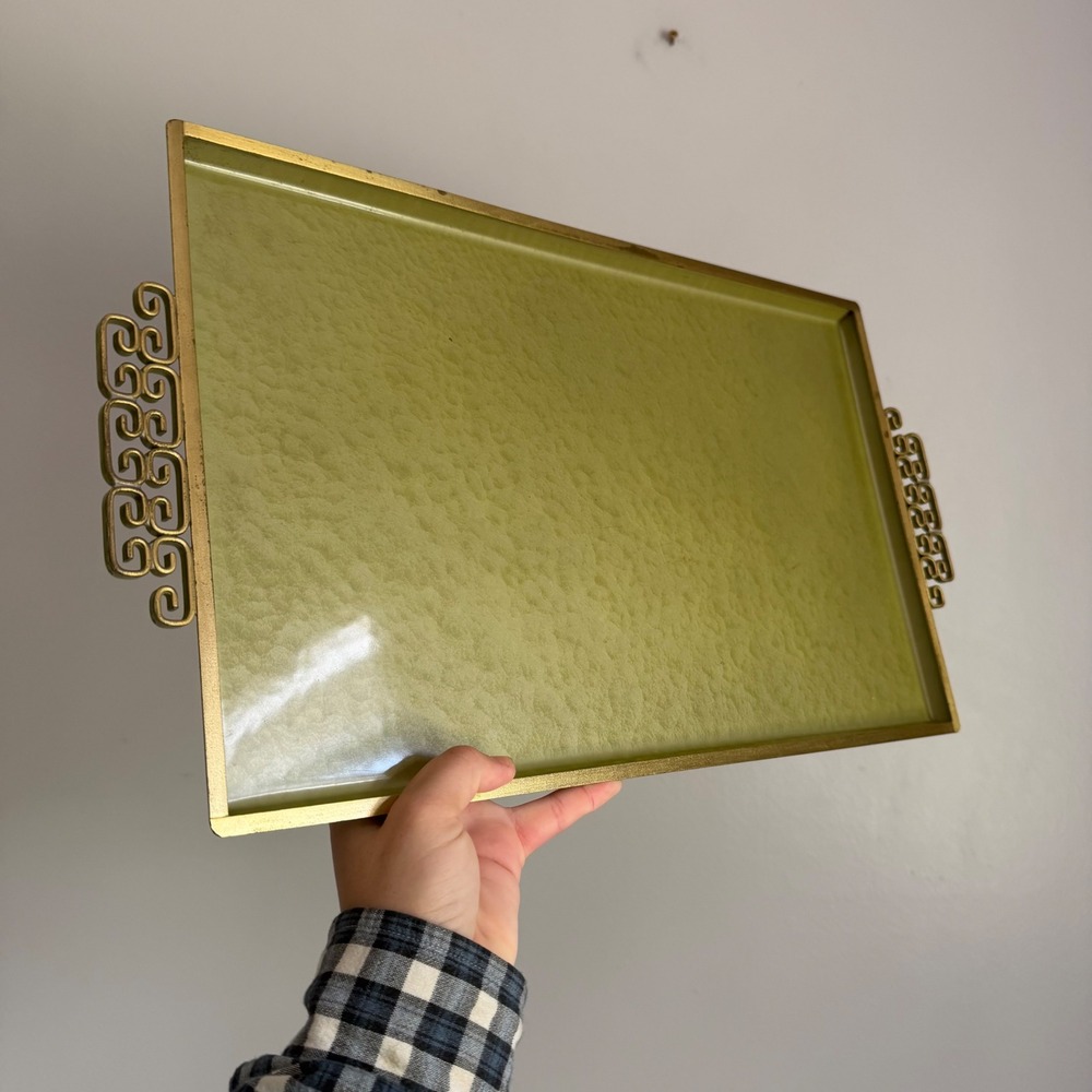 Vintage Moire Glaze Kyes Avocado Green Serving Tray Gold Fretwork Handles MCM